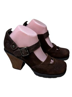 London Underground Mary Jane Platform Heels 9 Brown Suede Block Buckle Y2K 90s